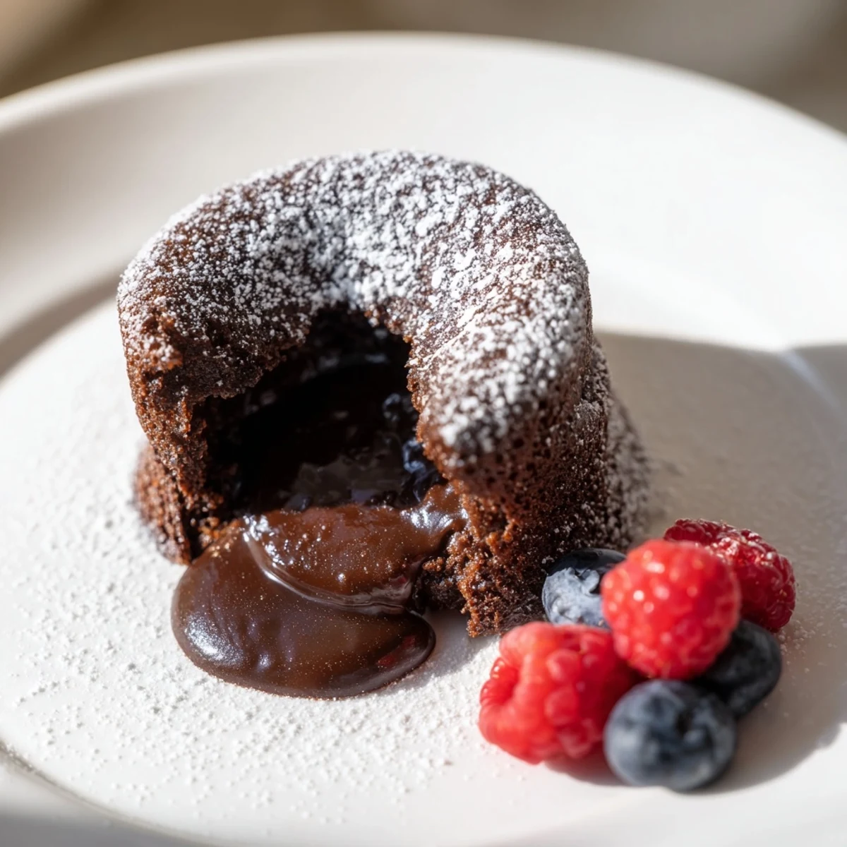 Molten chocolate lava cake with a rich, oozing center, dusted with powdered sugar and berries.