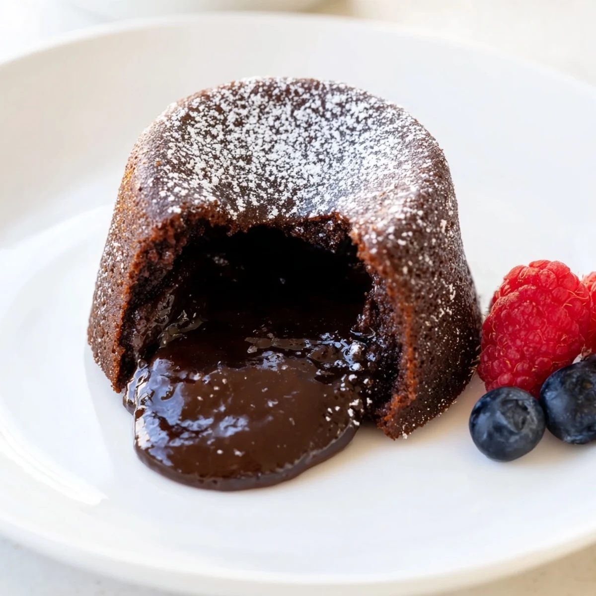 Warm chocolate lava cake bubbling from a ramekin, ready to be enjoyed with ice cream.