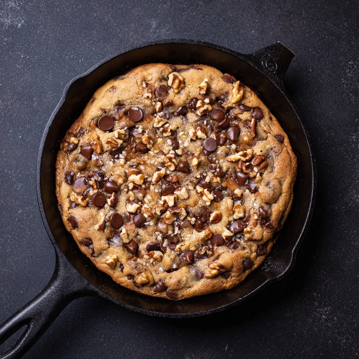 Warm and gooey, a skillet chocolate chip cookie boasts golden edges, ready to serve.
