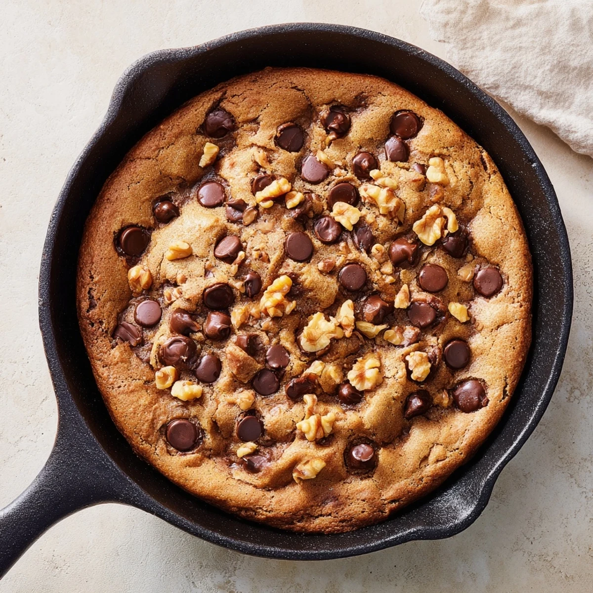 Imagine a giant chocolate chip cookie baked in a skillet, brimming with melted chocolate.