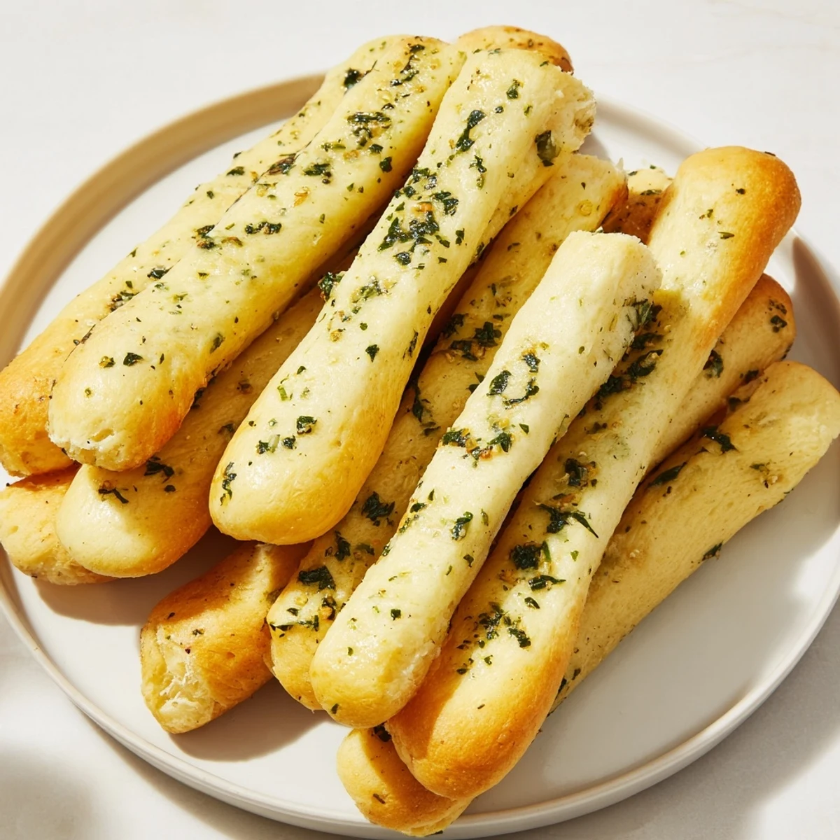 Golden brown Garlic Herb Breadsticks glistening with garlic butter, perfect for dipping in marinara sauce.