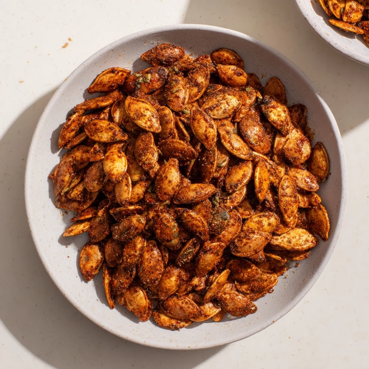 A close-up of oven-roasted Spiced Roasted Pumpkin Seeds, showing the delicious, seasoned coating.