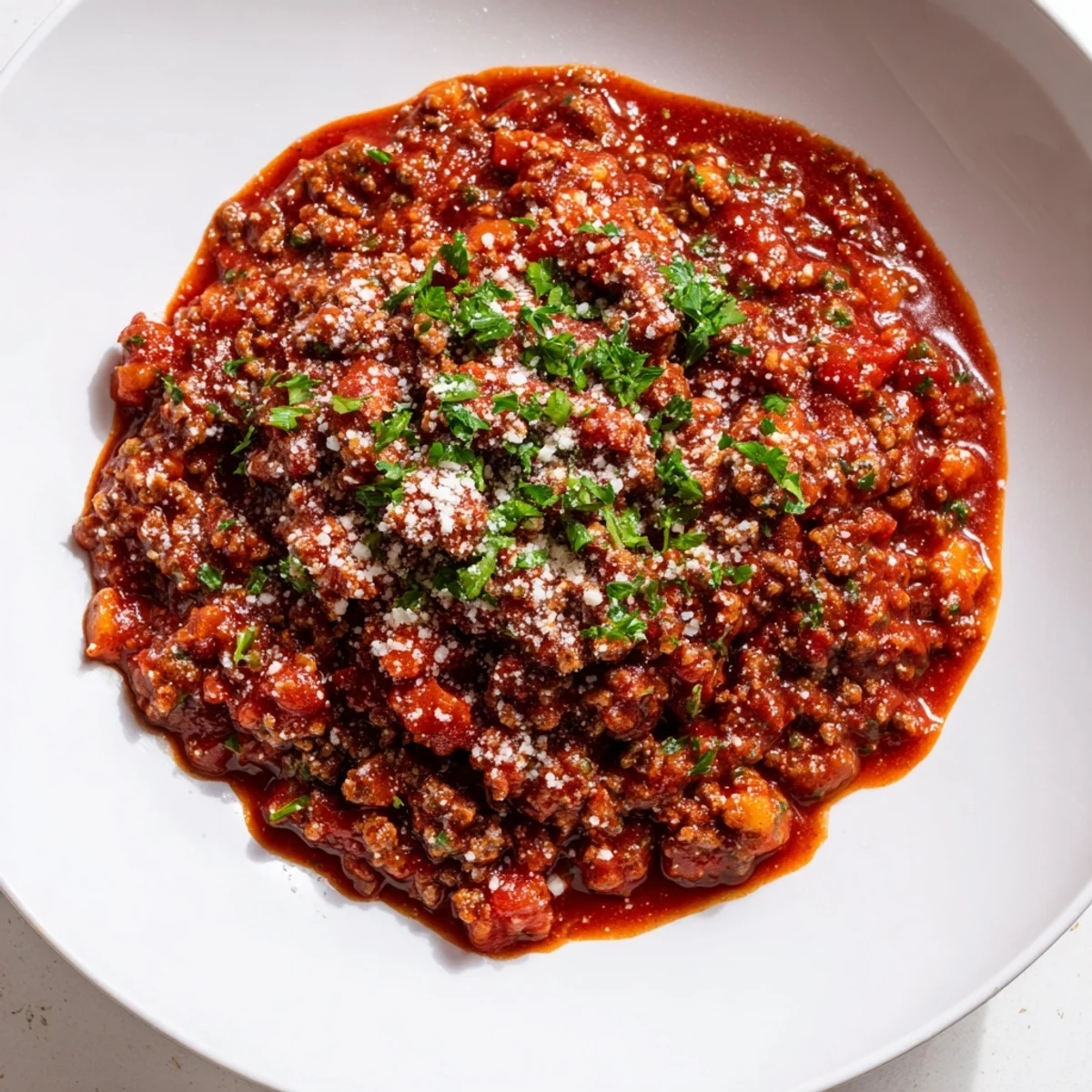Steaming bowl of Beef Bolognese Sauce, rich and savory, perfect over a bed of freshly cooked pasta.