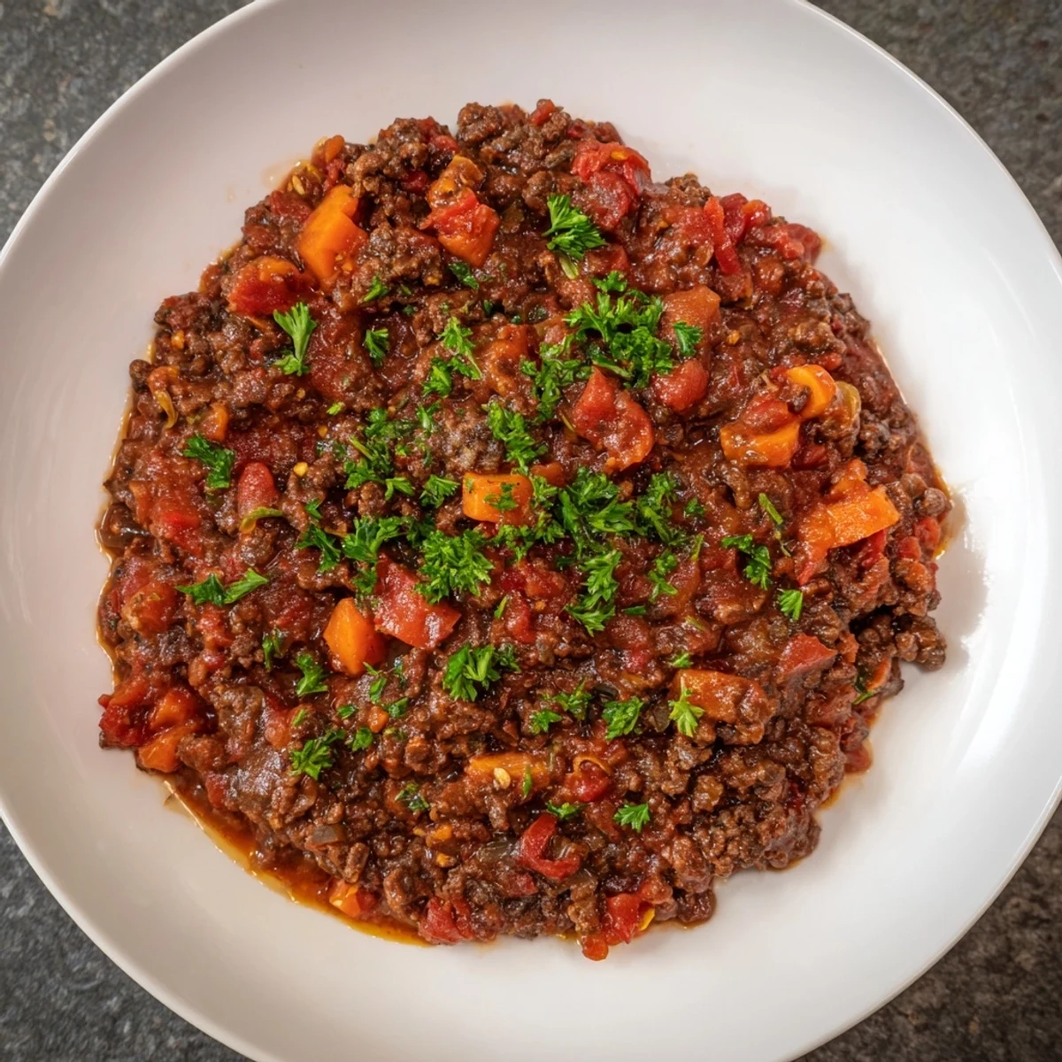 A close-up shot of homemade Beef Bolognese Sauce with fresh herbs, ready for a comforting Italian meal.