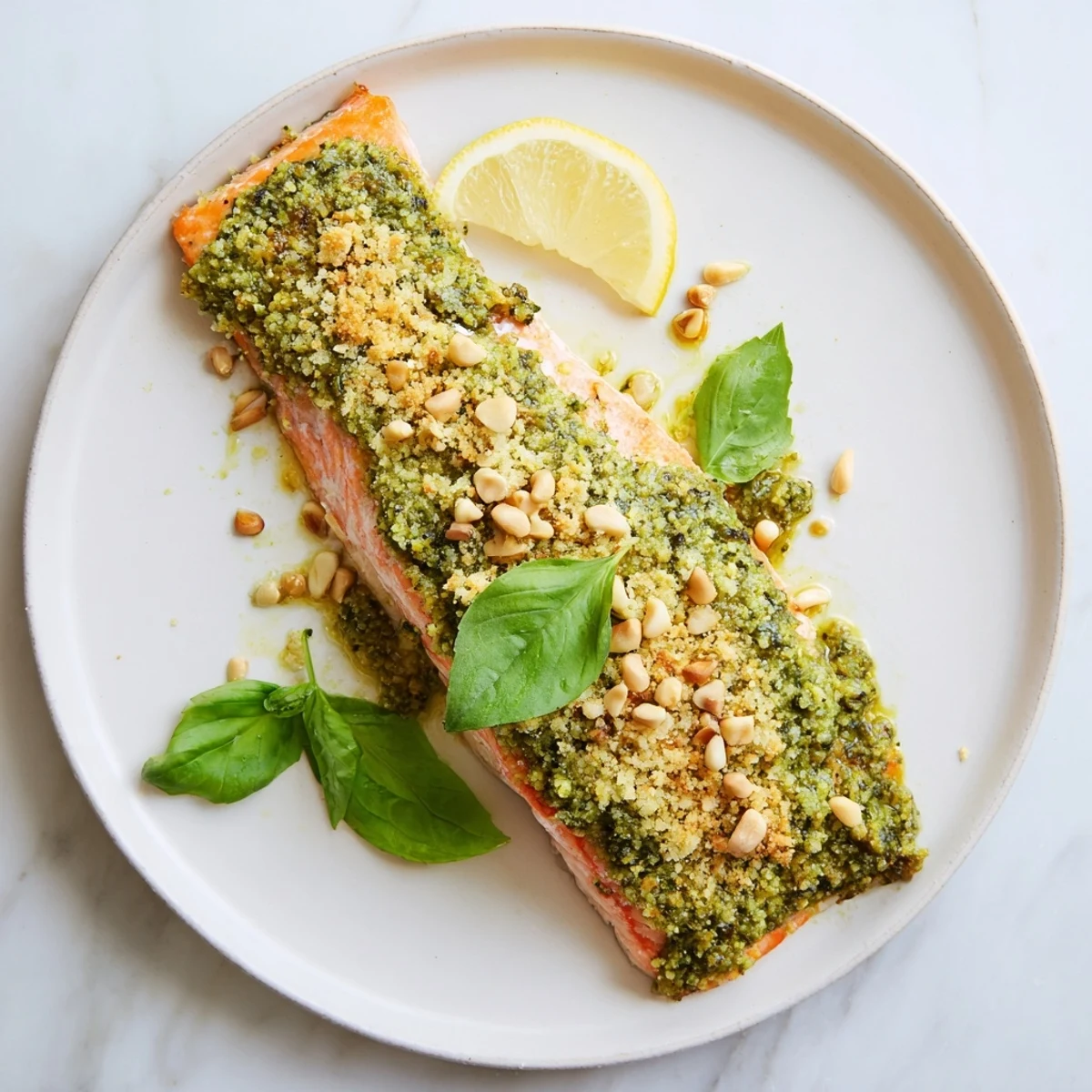 Baked salmon with pesto, flaky and moist, a delicious dinner with vibrant green pesto topping.