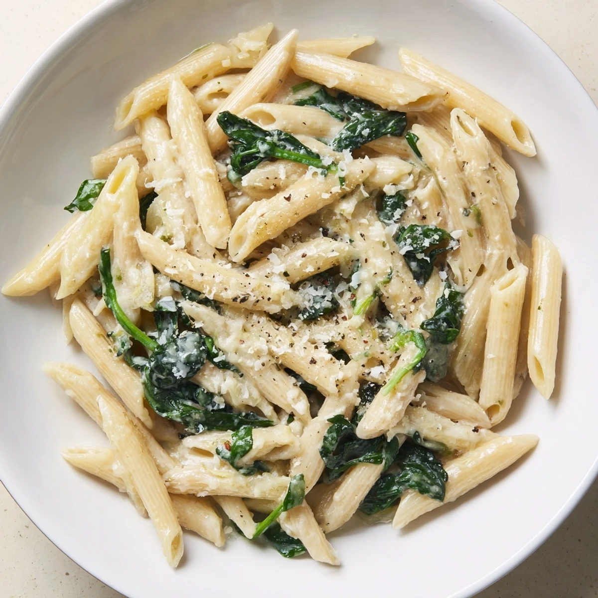 Creamy Spinach Pasta picture shows a plate of pasta with rich, glossy cream sauce and fresh spinach.