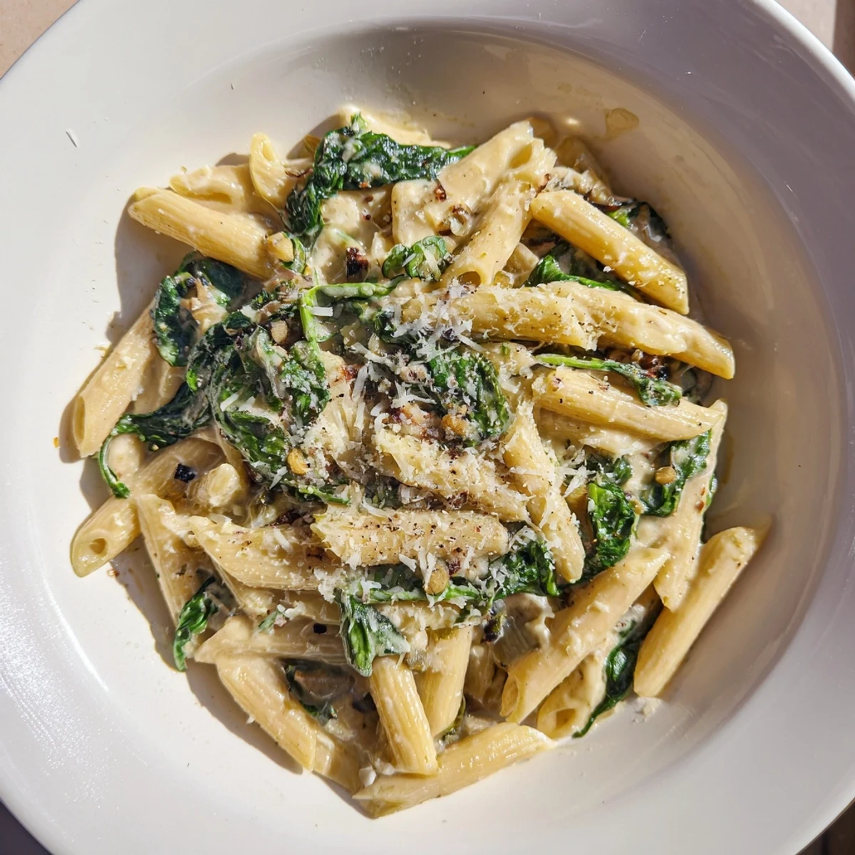 This Creamy Spinach Pasta features perfectly cooked penne coated in a luscious, vibrant green sauce.