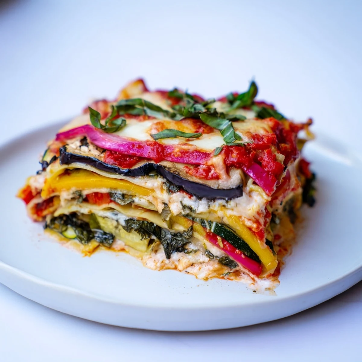 Creamy, bubbling Roasted Vegetable Lasagna with golden cheese and tender, roasted vegetables visible.