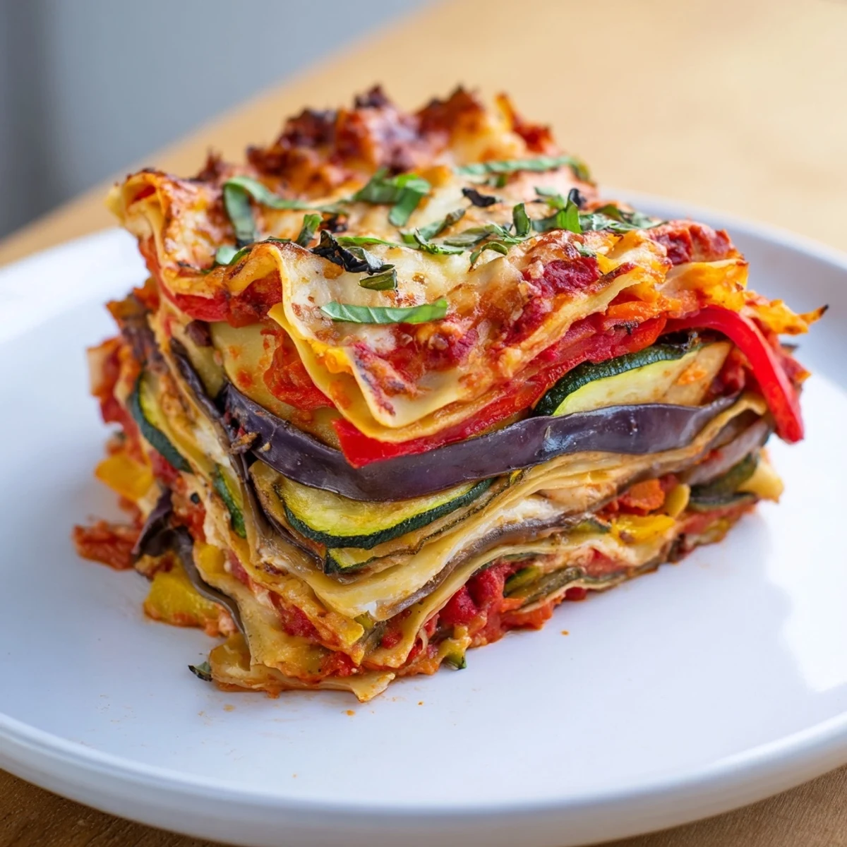 A close-up of a flavorful, layered Roasted Vegetable Lasagna, perfect for a vegetarian dinner tonight!