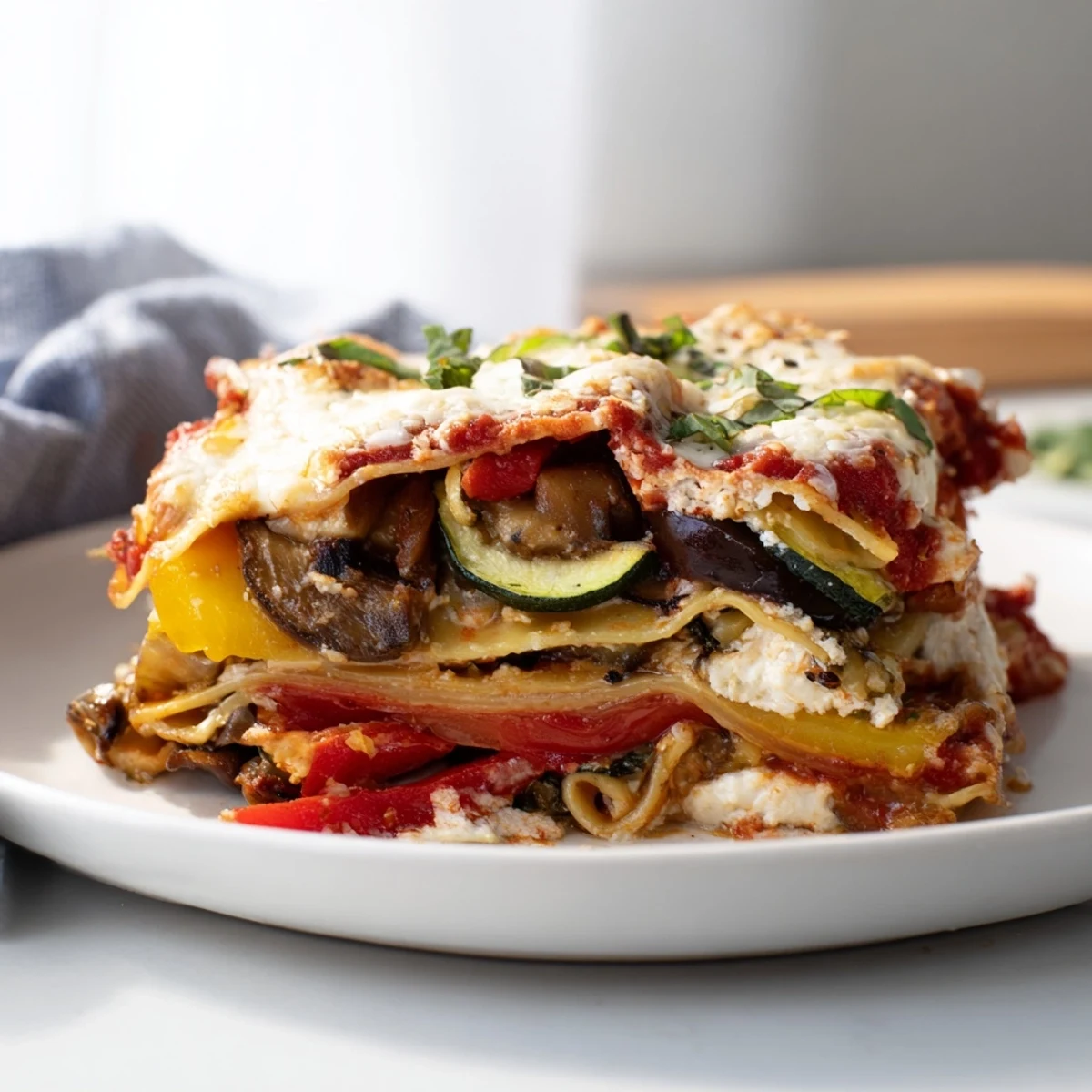 Steam rising from a freshly baked, colorful Roasted Vegetable Lasagna, ready to be served.