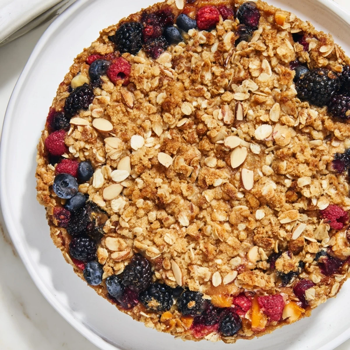Golden-brown Winter Berry Crumble, a warm, bubbly dessert with juicy berries and a sweet oat topping.