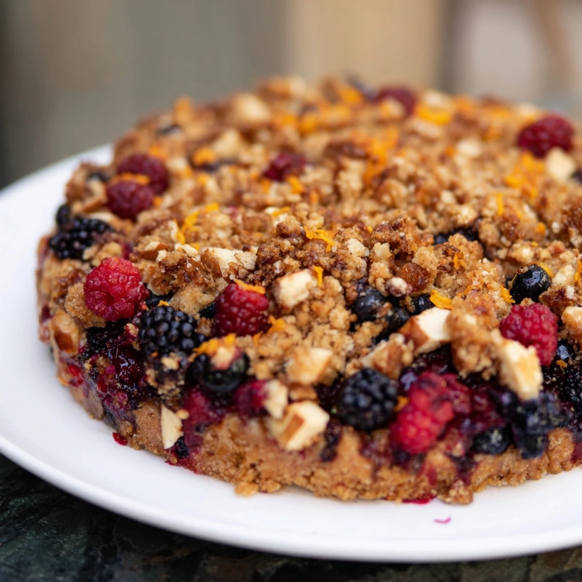 A close-up of a bubbling Winter Berry Crumble, perfect for serving warm with vanilla ice cream.