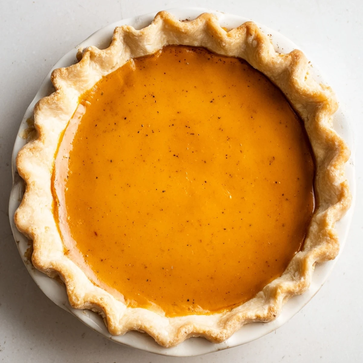A slice of golden, creamy pumpkin pie, baked perfectly with warm spice aromas.