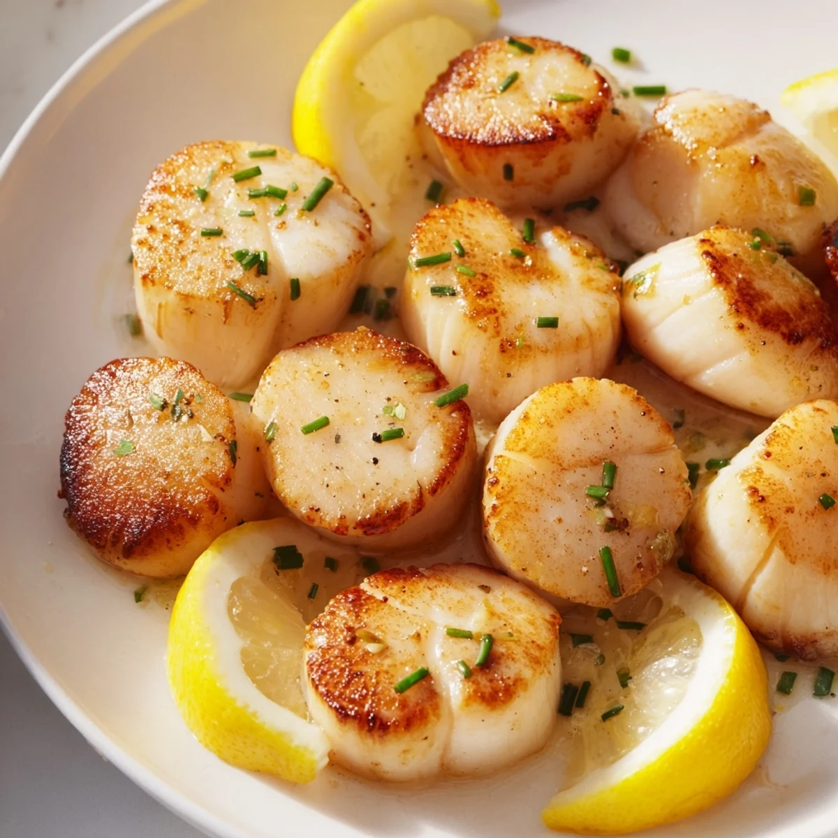 Golden-brown seared scallops, perfectly crisped, sit on a plate; garnish complements the delicate seafood.