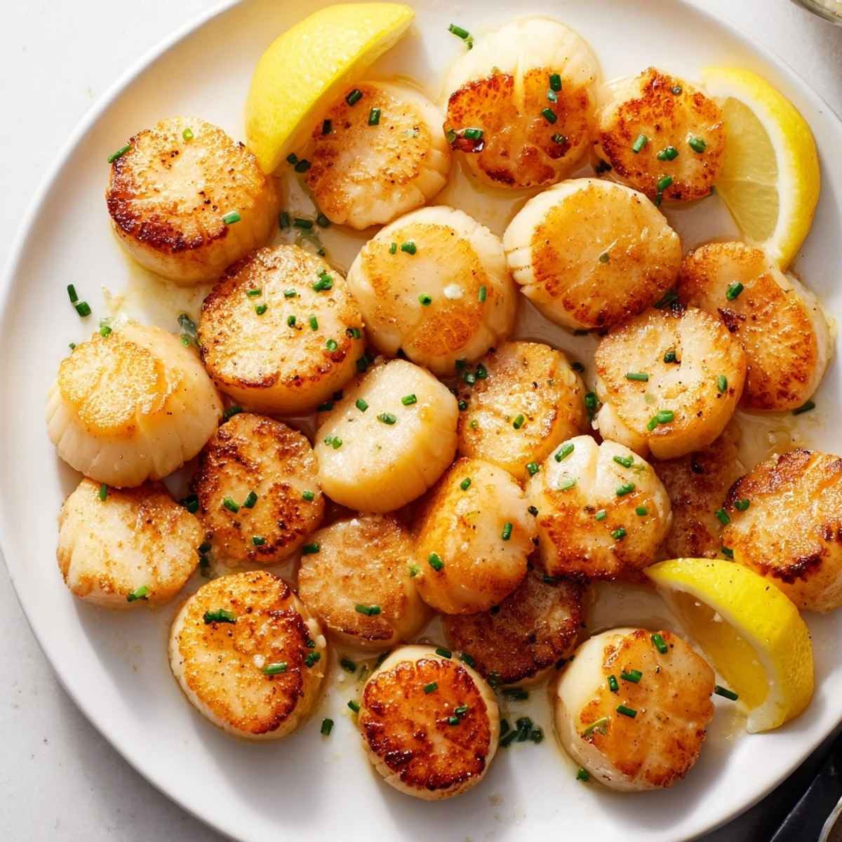 These pan-seared scallops, glistening with butter, are ready to serve with a squeeze of fresh lemon and herbs.