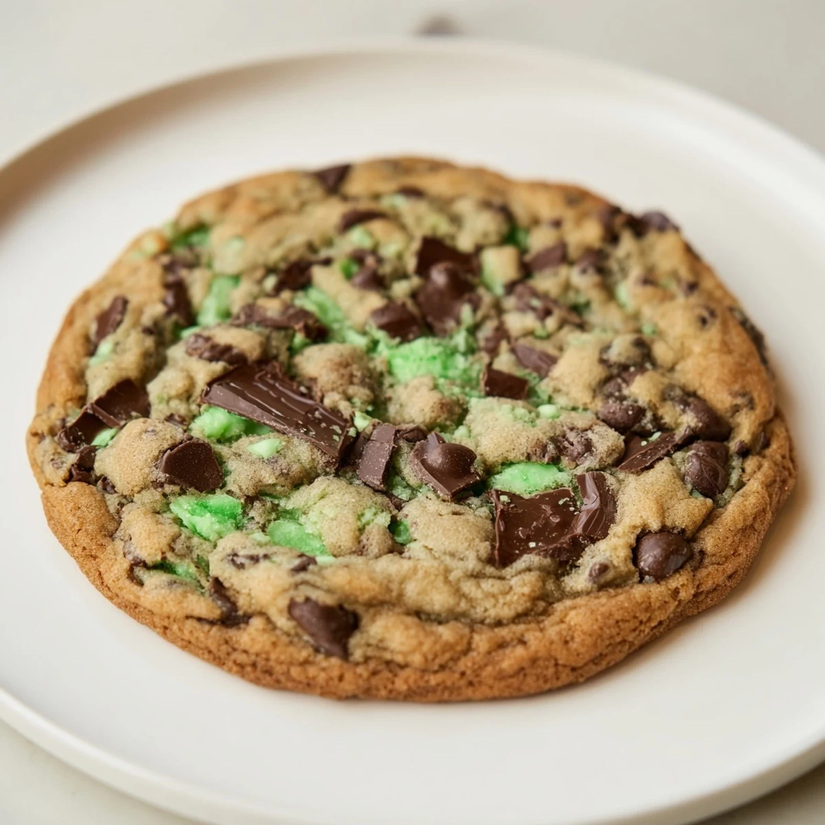 Warm, melty Mint Chocolate Chip Cookies, ready to eat, featuring a delightful chocolate and mint balance.