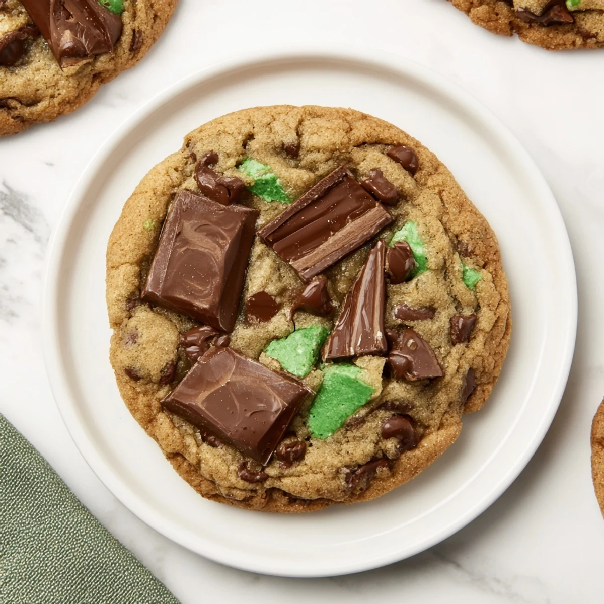 A close-up of delicious Mint Chocolate Chip Cookies with visible chocolate chips and a minty aroma.