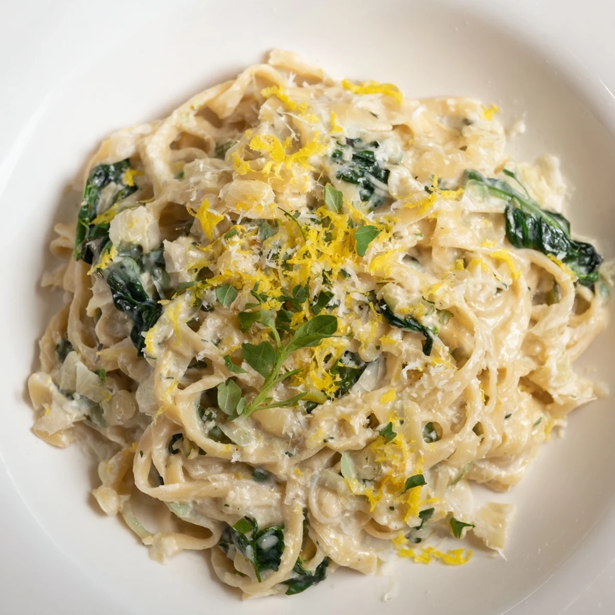 A creamy bowl of spinach pasta with parmesan cheese, ready for a delicious Italian dinner.