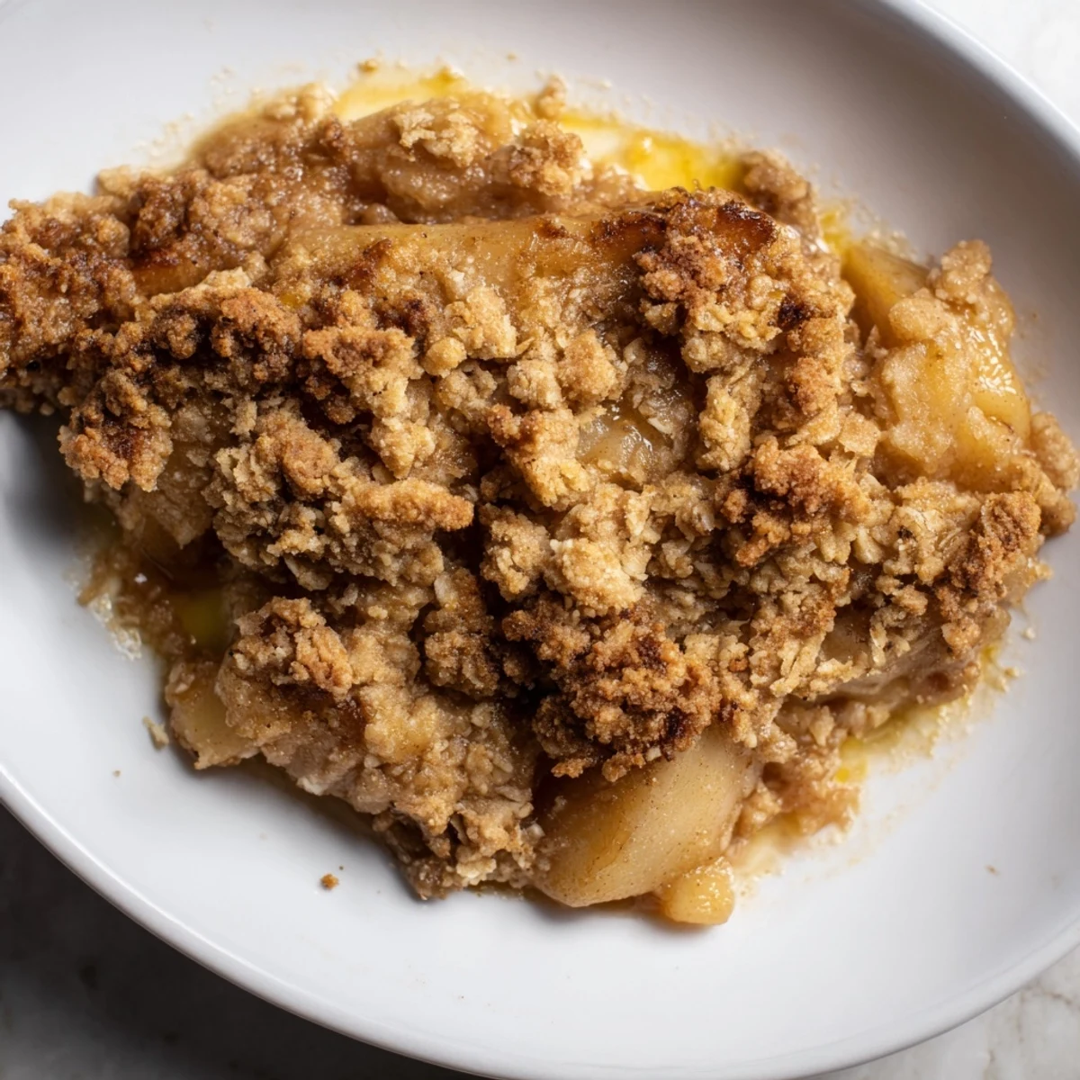 A warm bowl of homemade Apple Crisp, perfect for sharing and topped with vanilla ice cream.