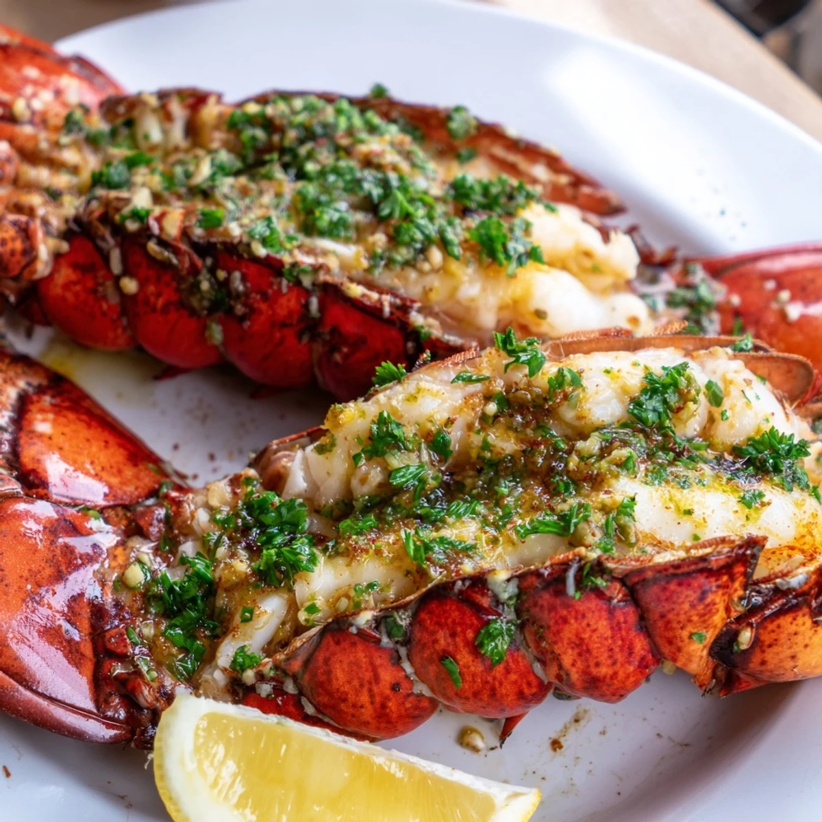 Golden-brown lobster tails glistening with garlic butter, ready for a delicious dinner.