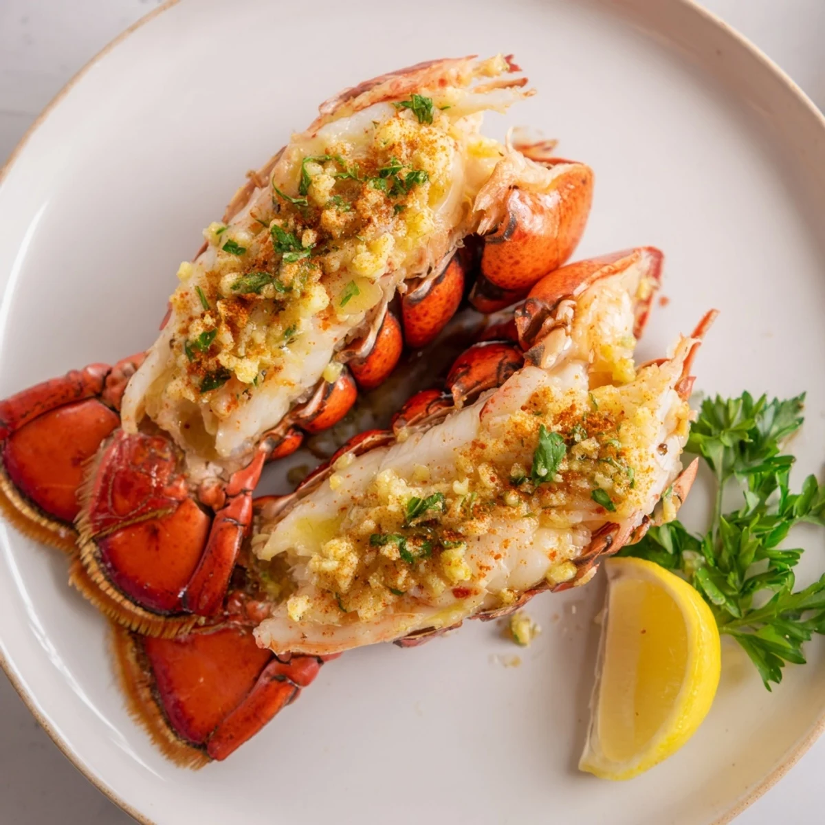 Perfectly broiled lobster tails, with vibrant parsley garnish, ready to serve with lemon wedges.