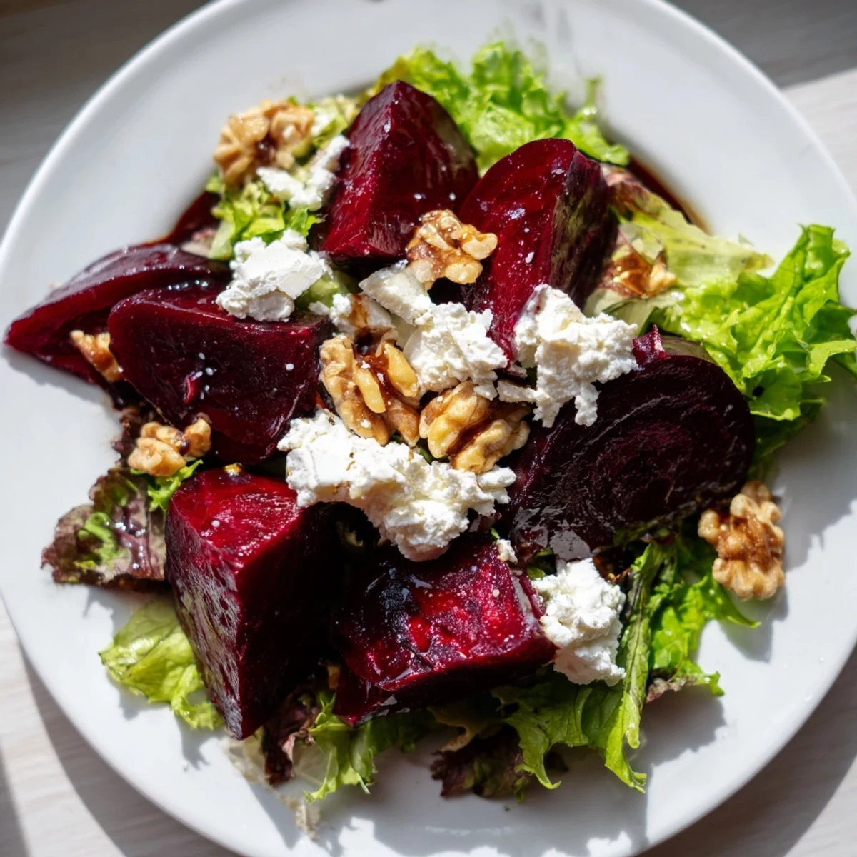 Roasted beet salad with creamy goat cheese and walnuts, beautifully arranged on a plate.