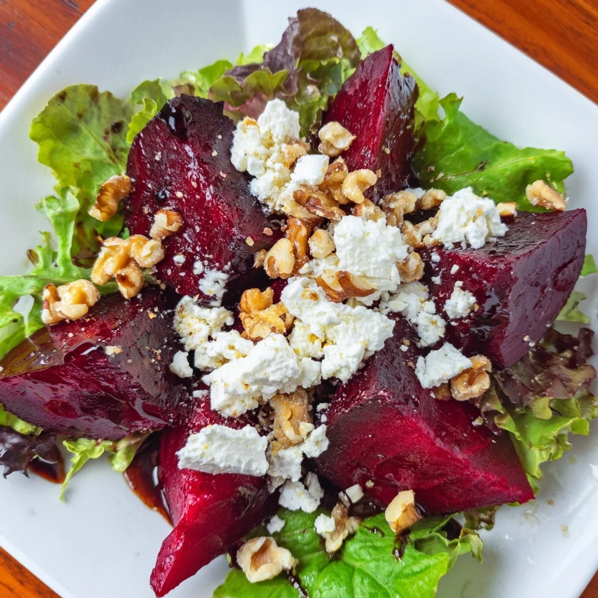 Earthy roasted beets in a vibrant beet salad, highlighted by a drizzle of balsamic vinaigrette.