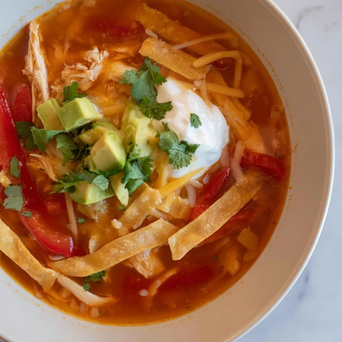 A steaming bowl of tortilla soup with colorful toppings, ready to enjoy.