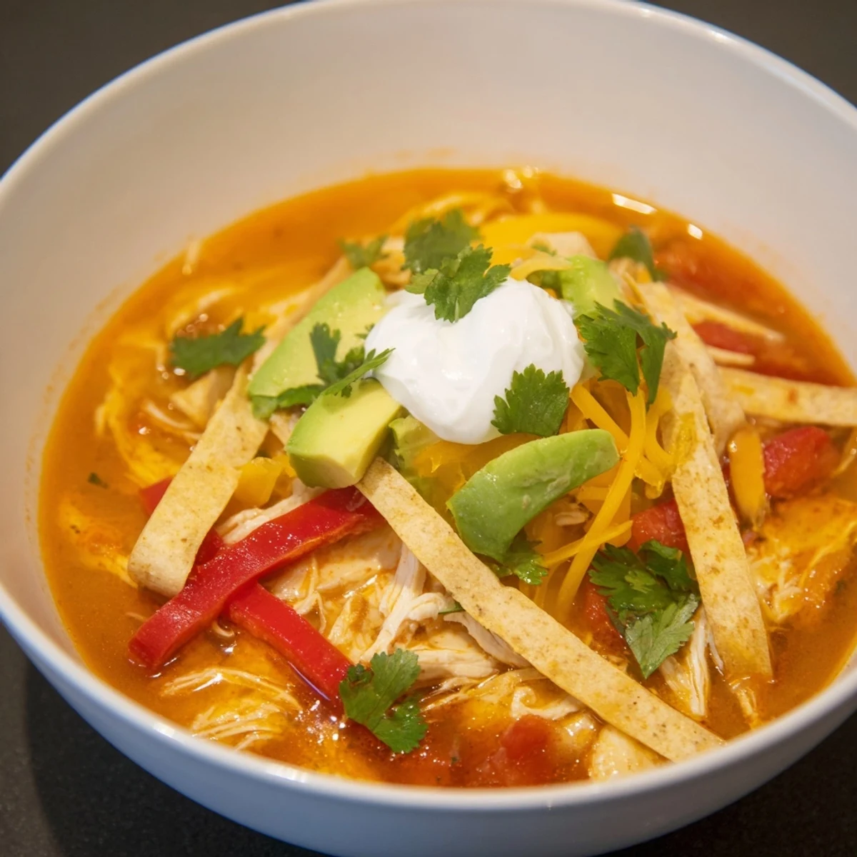 Flavorful tortilla soup with tender chicken and crispy tortilla strips, perfect for a cozy dinner.