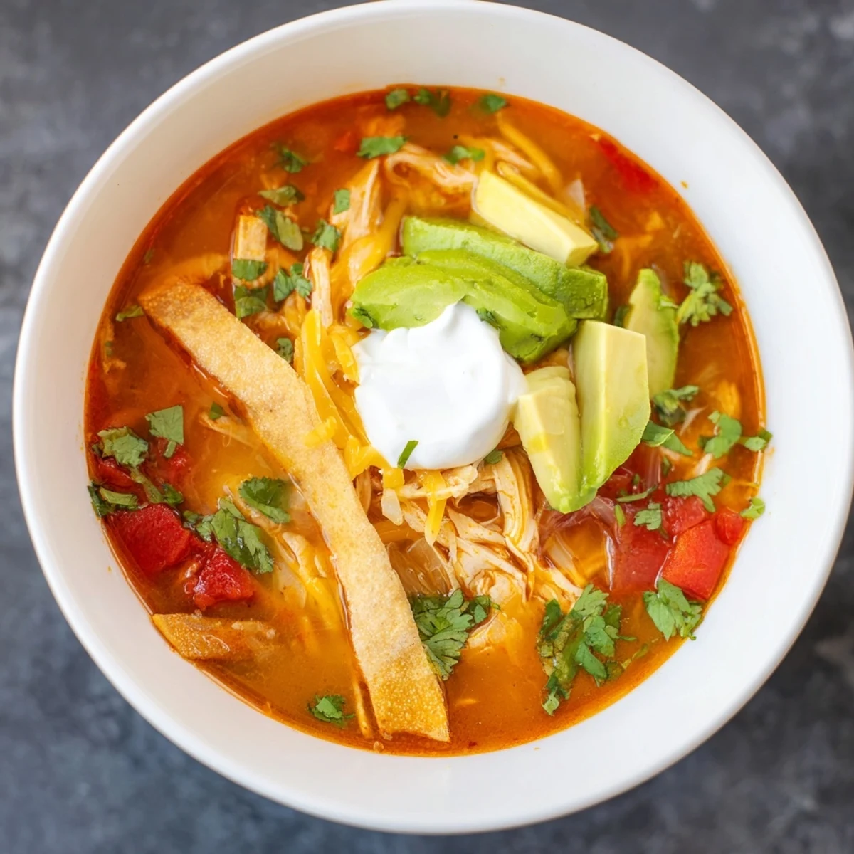 Hearty tortilla soup garnished with avocado, cilantro, and cheese, a comforting Mexican classic.