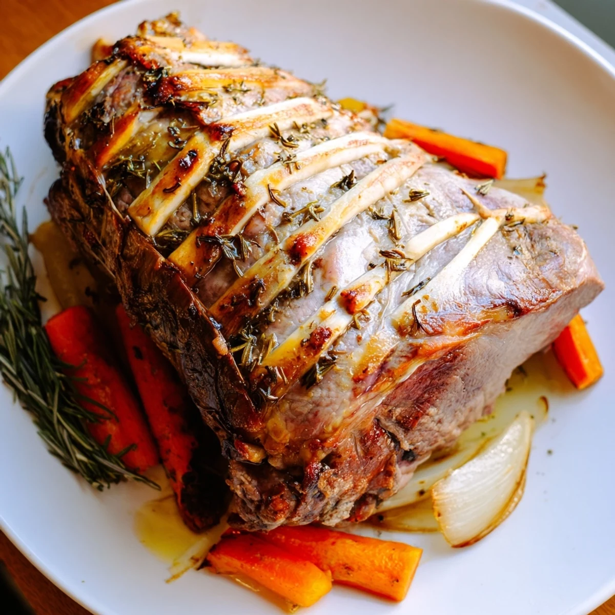 Tender roast lamb, seasoned with rosemary and garlic, served with roasted vegetables, a delightful meal.