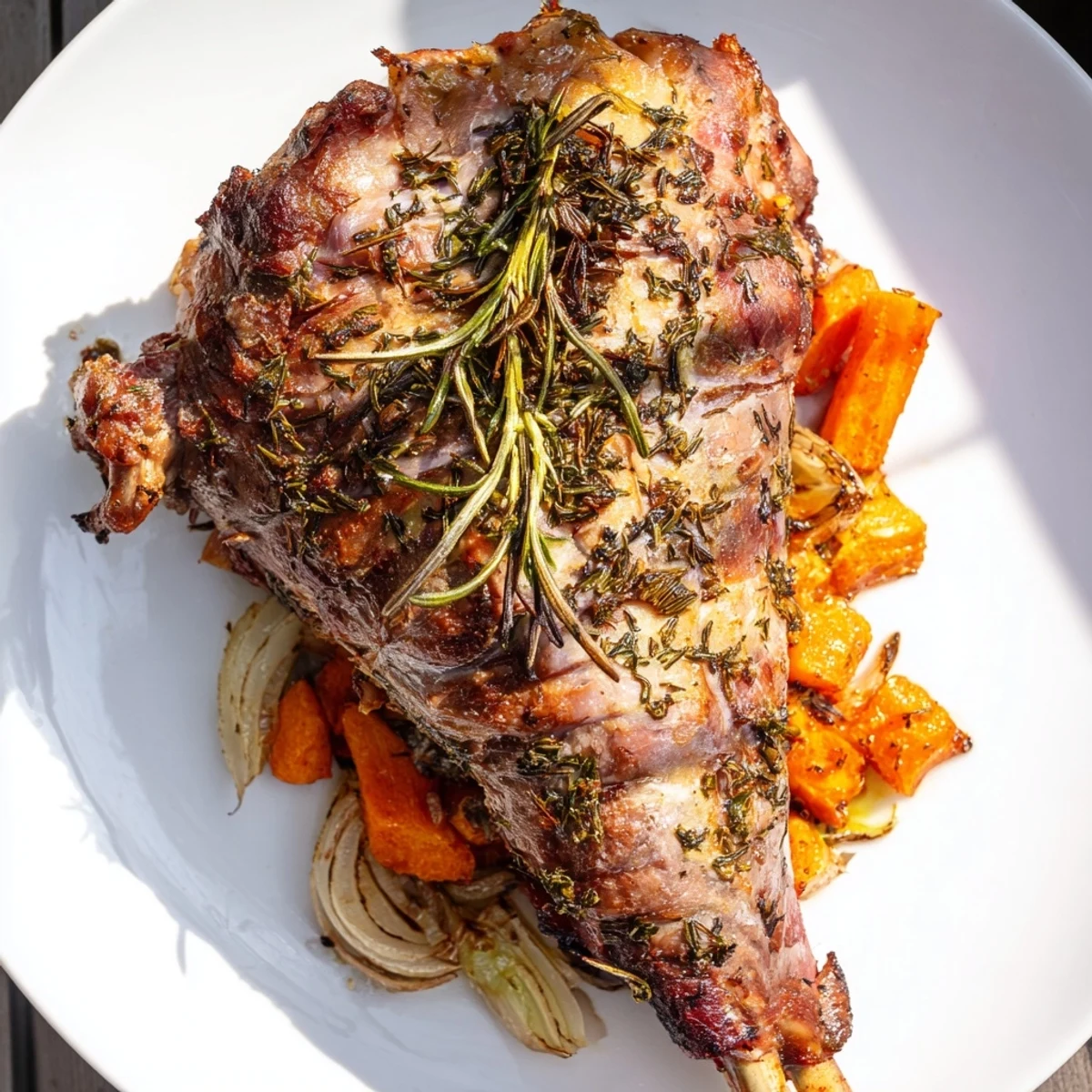 Close-up of a perfectly roasted lamb leg, glistening with olive oil, ready for carving and serving.