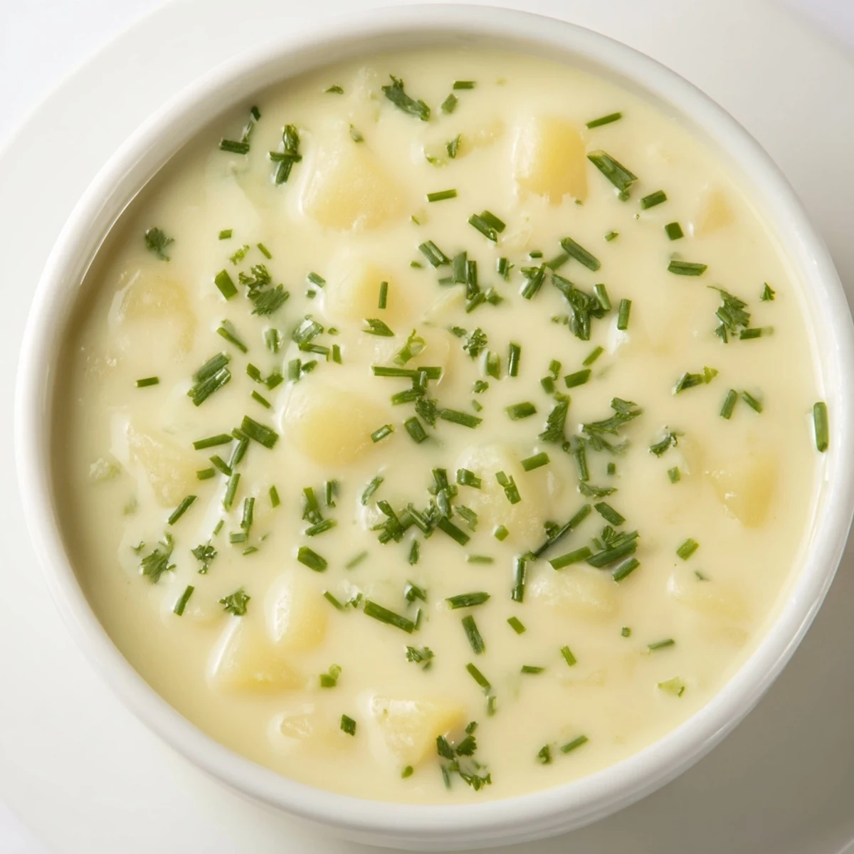 A creamy, smooth bowl of cream soup, garnished with fresh herbs, perfect for a cozy dinner.