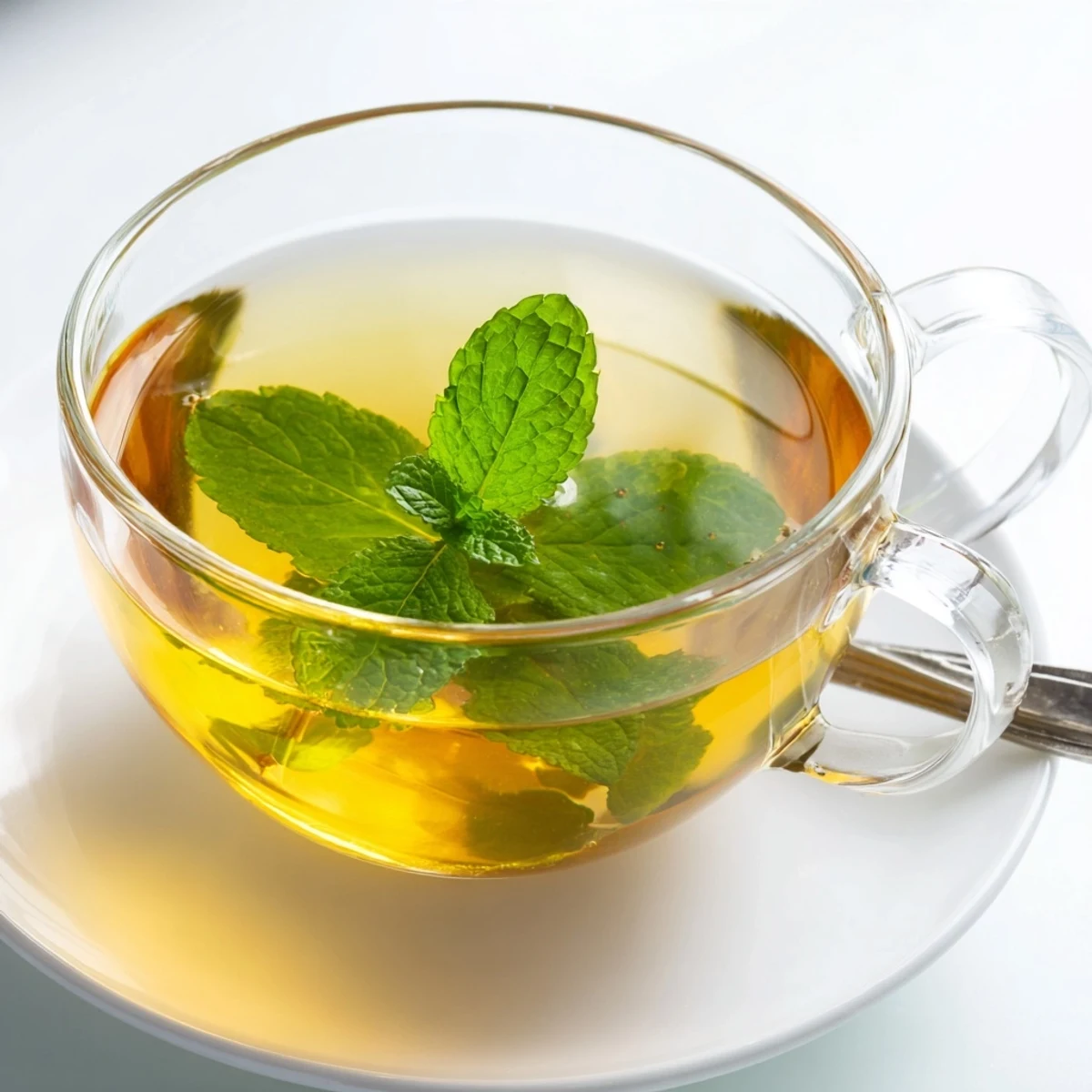 Steaming cup of mint tea, a vibrant green, with fresh mint leaves visible inside the glass.