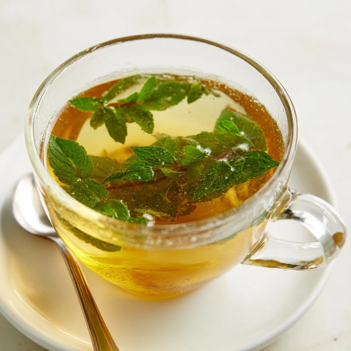 Homemade mint tea, showcasing the vibrant green hue, ideal for a sweet, refreshing, light sip.