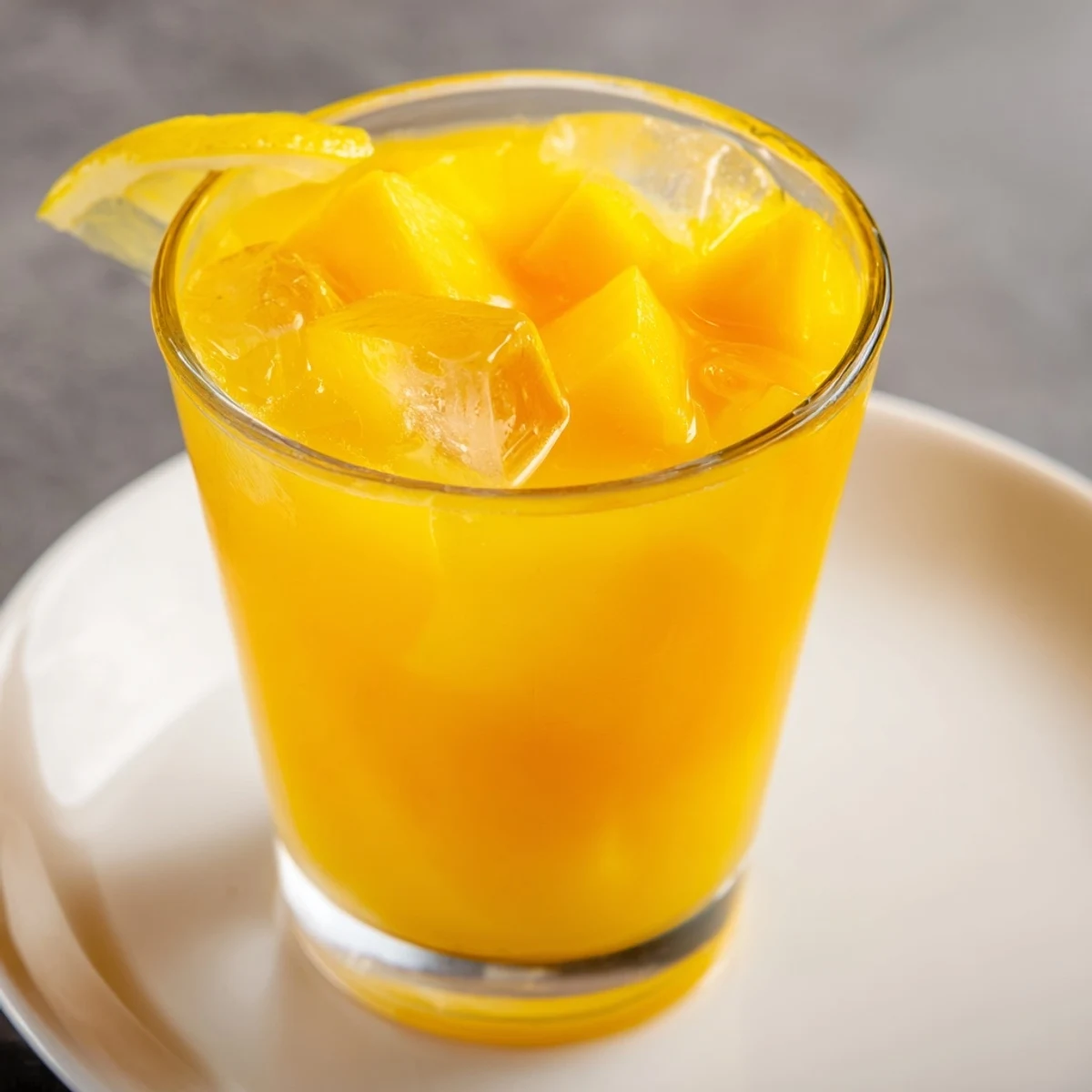 Enjoy homemade fruit juice, a smooth and fruity blend served cold with fresh ice cubes.