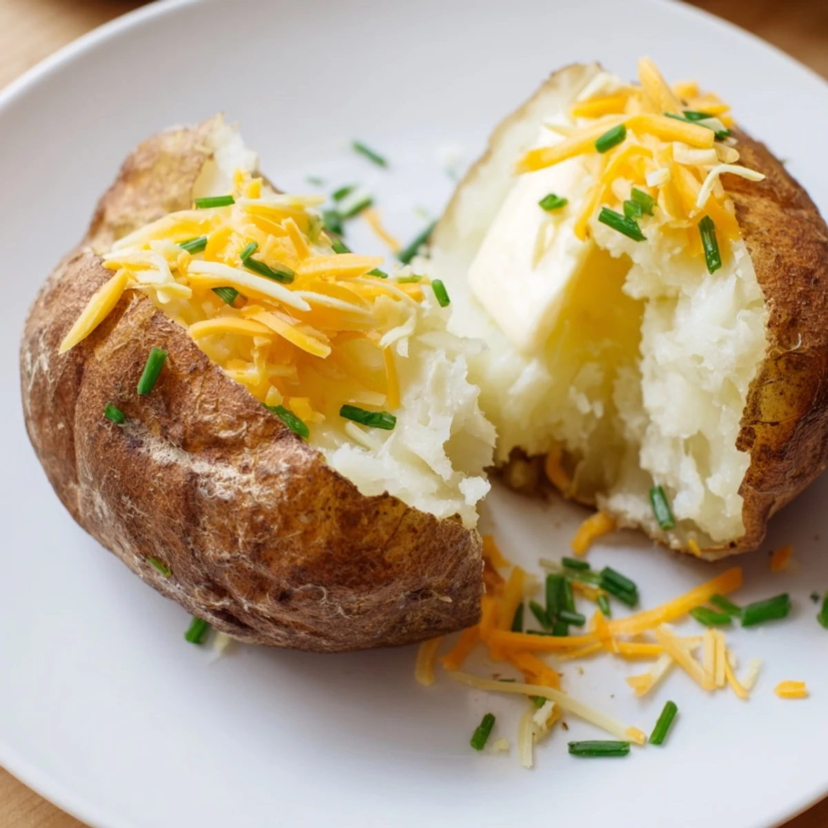 Fluffy baked potato with crispy skin, ready to be loaded with savory toppings.