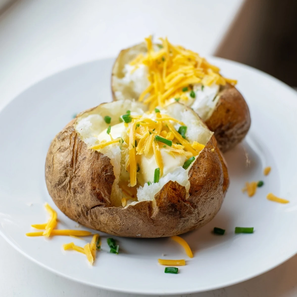 Golden-brown baked potato, piping hot, inviting you to enjoy its creamy interior and flavor.