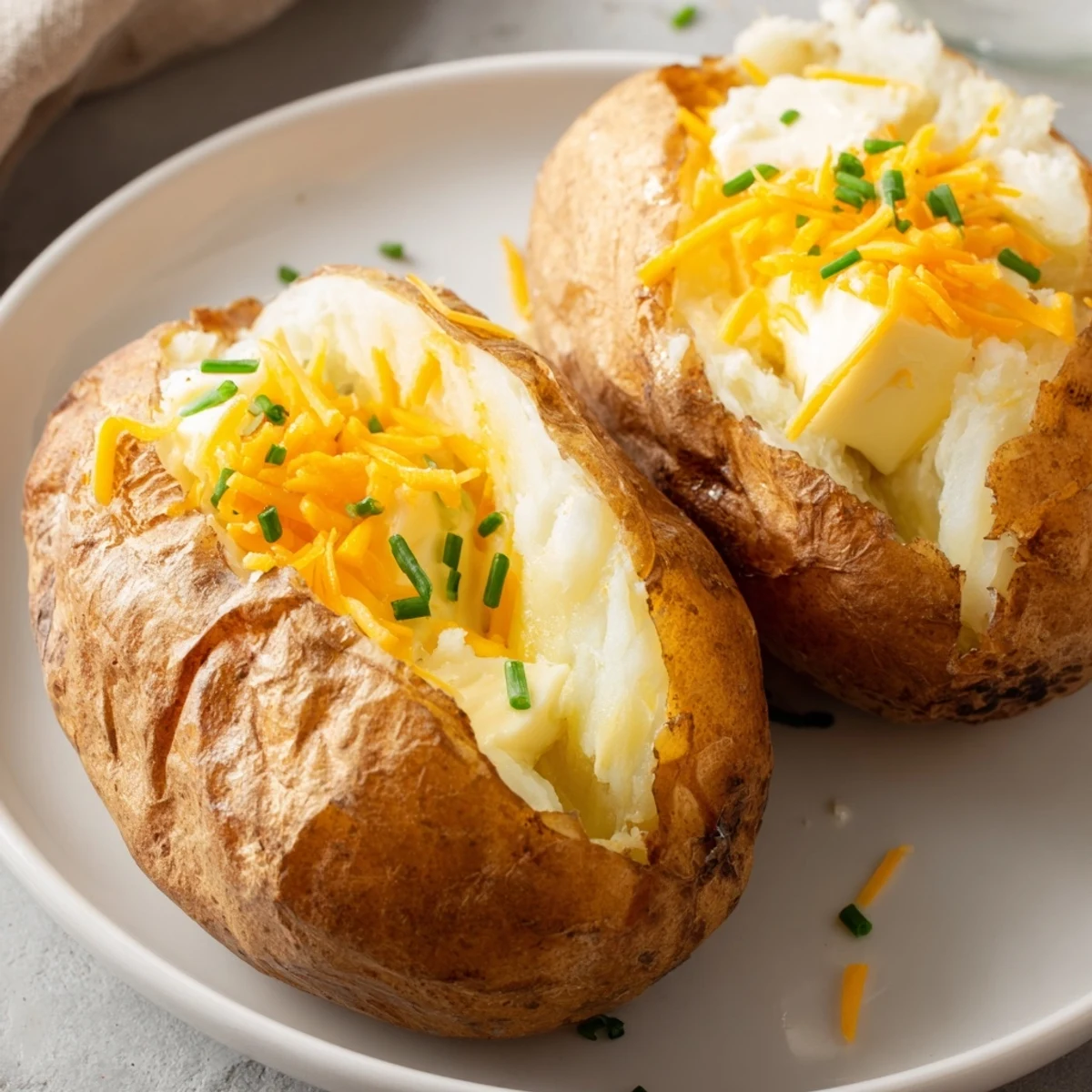 Close-up of a perfectly baked potato split and waiting for cheddar cheese and bacon.
