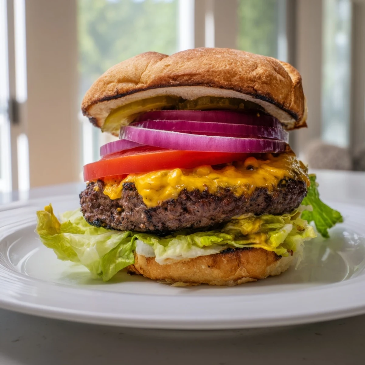 A delicious, juicy beef burger with melted cheese and fresh, crisp toppings, ready to eat.