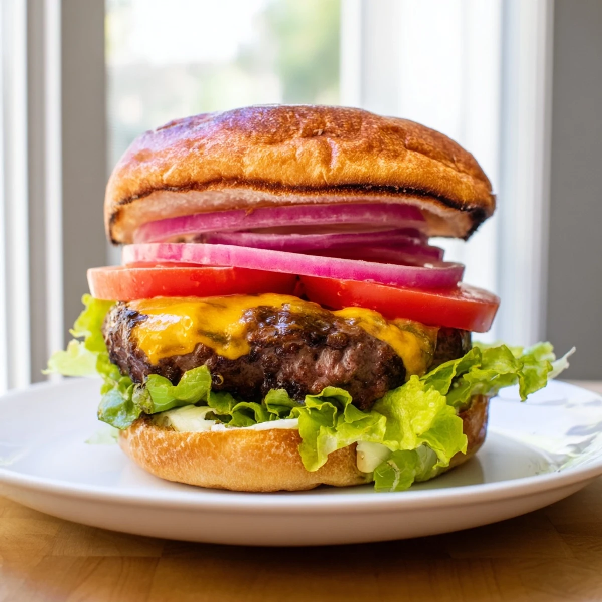 This mouthwatering beef burger, stacked high with vegetables and sauces, promises a flavorful bite.
