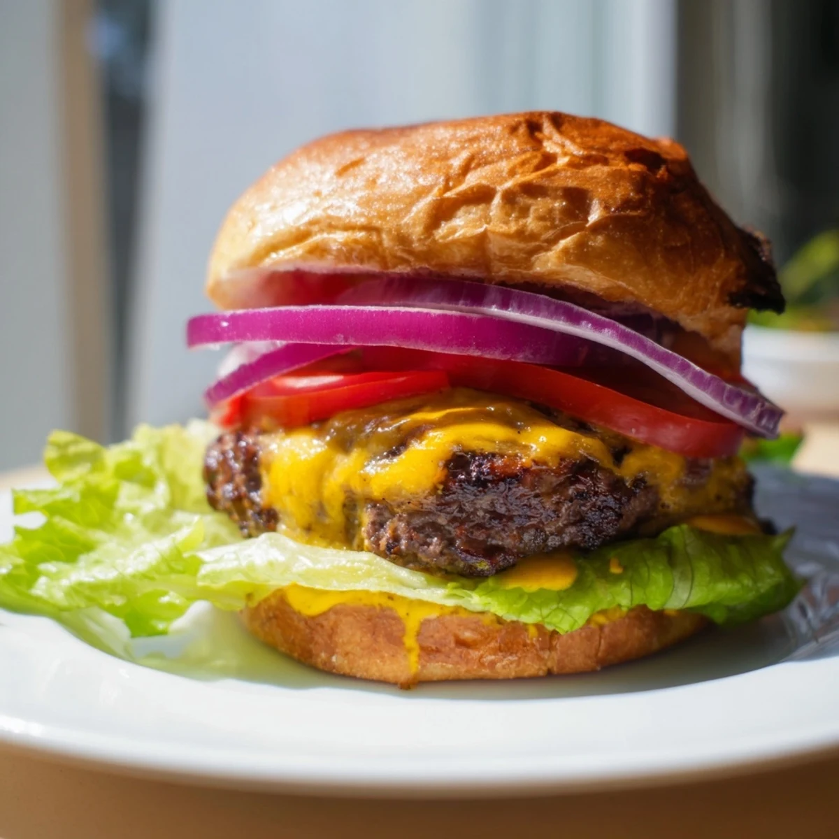 Close-up of a fully assembled beef burger: a perfect classic meal, savory and satisfying.