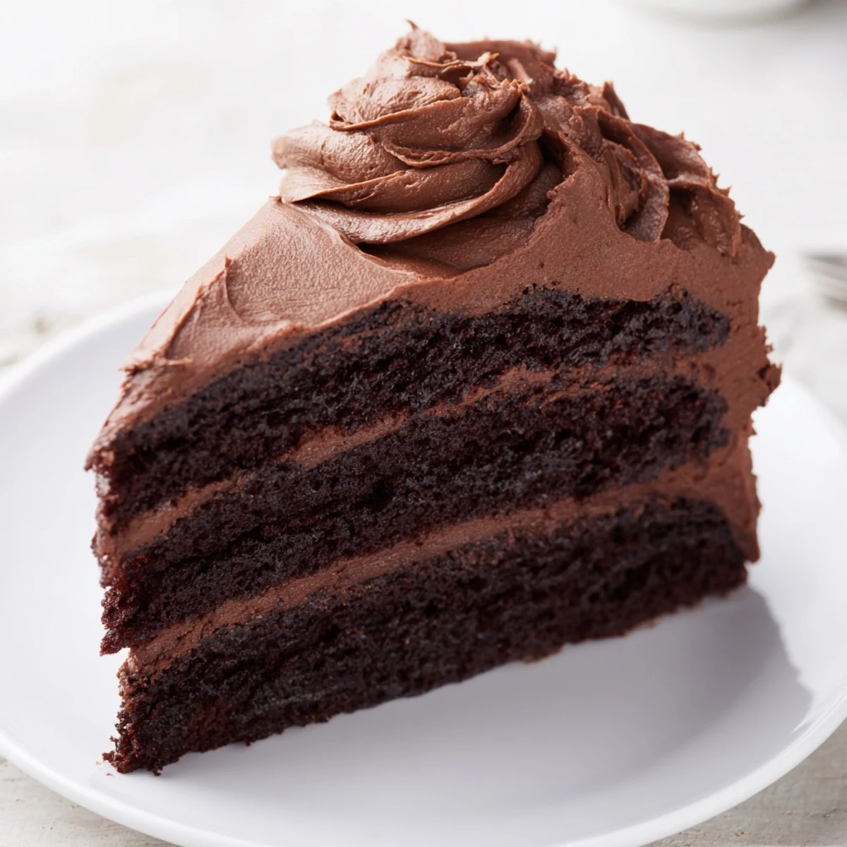 Decadent chocolate cake, moist and delicious, ready to serve with creamy chocolate frosting.