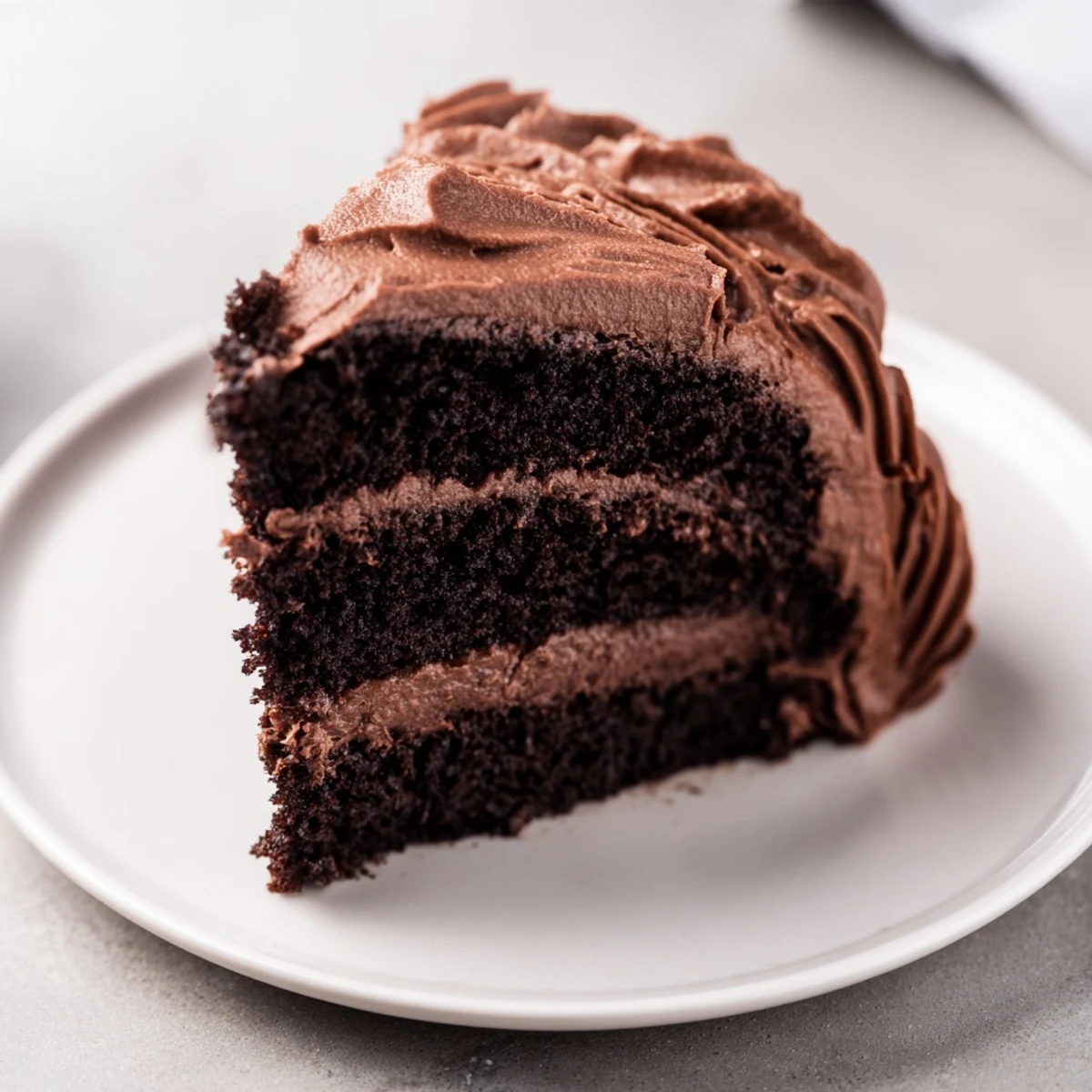 Enjoy a slice of homemade chocolate cake, a classic treat layered with smooth, chocolatey frosting.