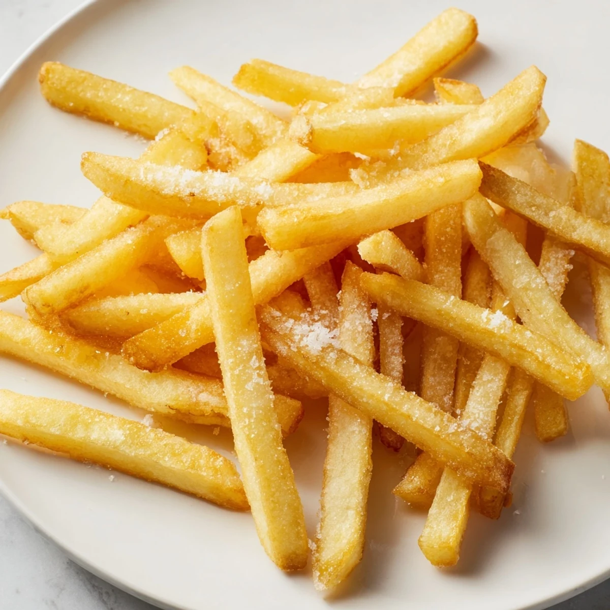Golden brown, crispy French fries piled high, ready to be enjoyed with your favorite dipping sauce.