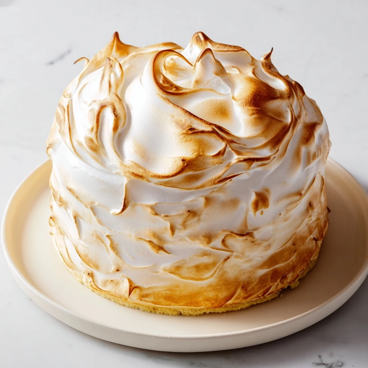 Golden meringue topping a beautiful Baked Alaska dessert, ready to slice and enjoy.