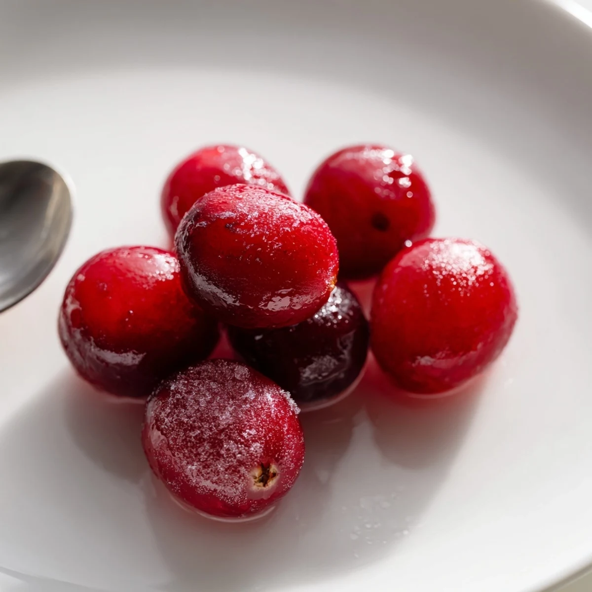 Close up shot of glistening Garnish Cranberry bright against a background of green rosemary.