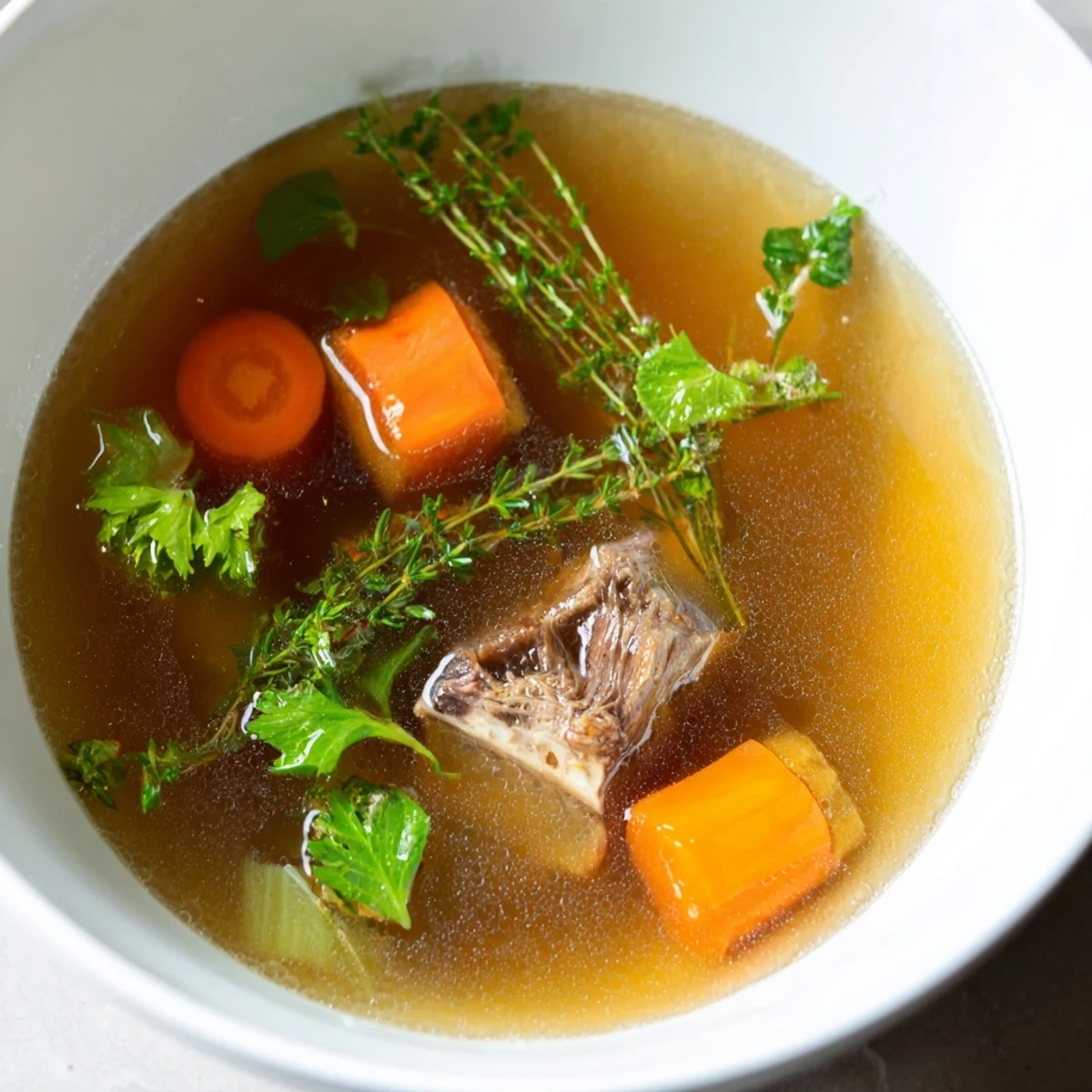 Fragrant beef broth, clear and golden, served hot in a mug, perfect for comfort.