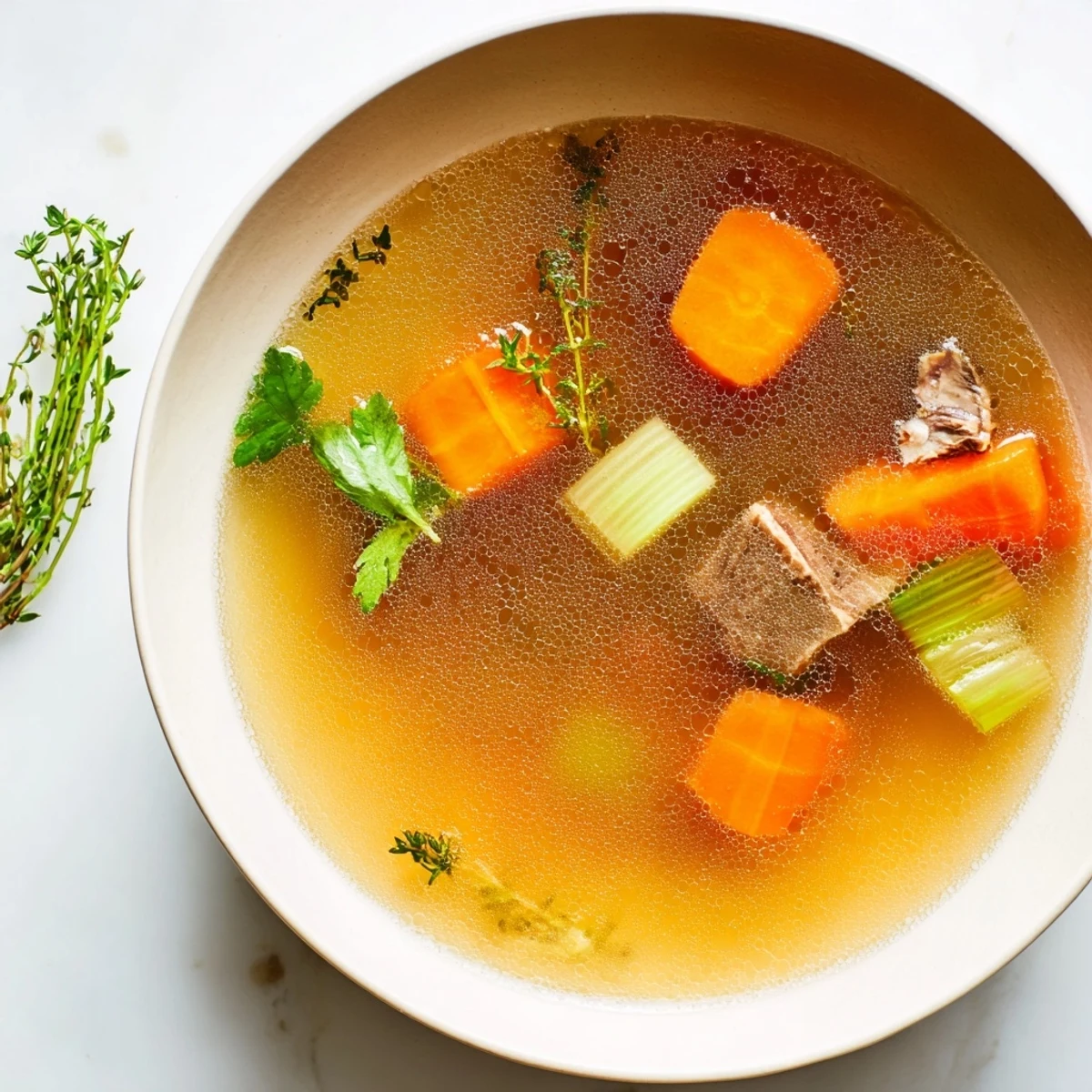 Steaming bowl of beef broth, rich in color, with tender beef and vegetables simmering.