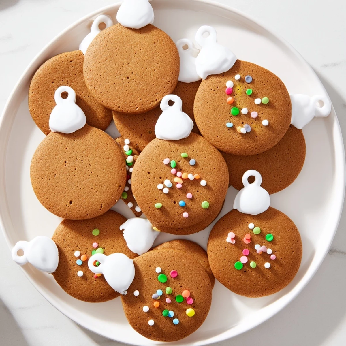 Warm, festive ornament gingerbread cookies, finished with colorful icing and shimmering sprinkles.